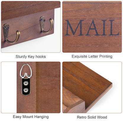 DLQuarts Mail Organizer with Key Holder for Wall Decorative Mail Sorter Wall Mounted, Wooden Mail Holder with 3 Hooks, Dark Brown