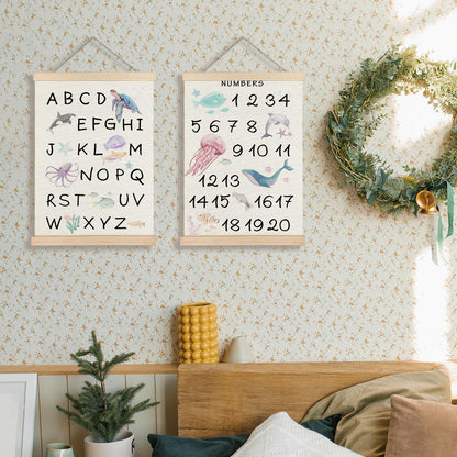 Supwhd Ocean Nursery Decor, Alphabet Numbers Ocean Animals Poster Hanger Frame, Sea Animals ABC 123 Educational Wall Decor for Nursery Kids Room Playroom Classroom Homeschool, 12x16 Set of 2