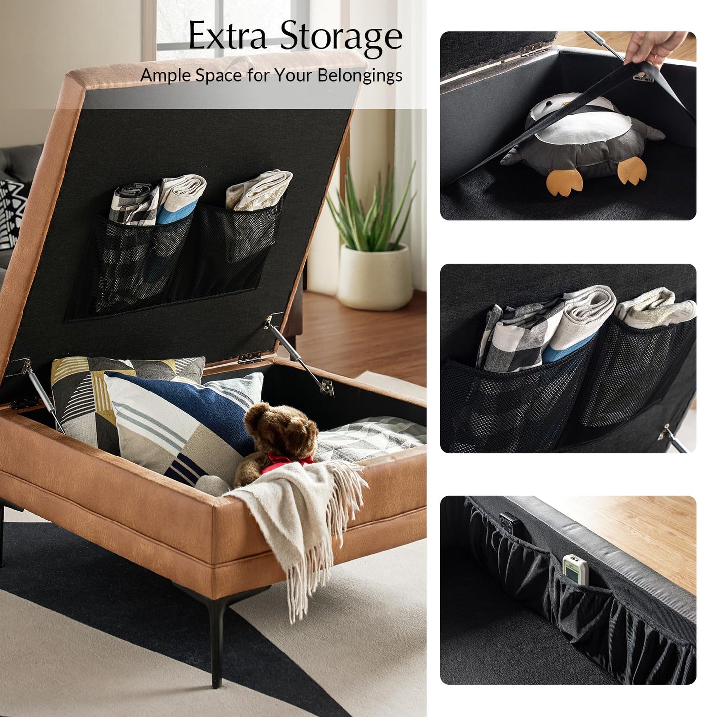 HULALA HOME Faux Leather Coffee Table, 36.5" Square Storage Ottoman with Metal Legs, Button-Tufted Coffee Table with Storage for Living Room, Camel