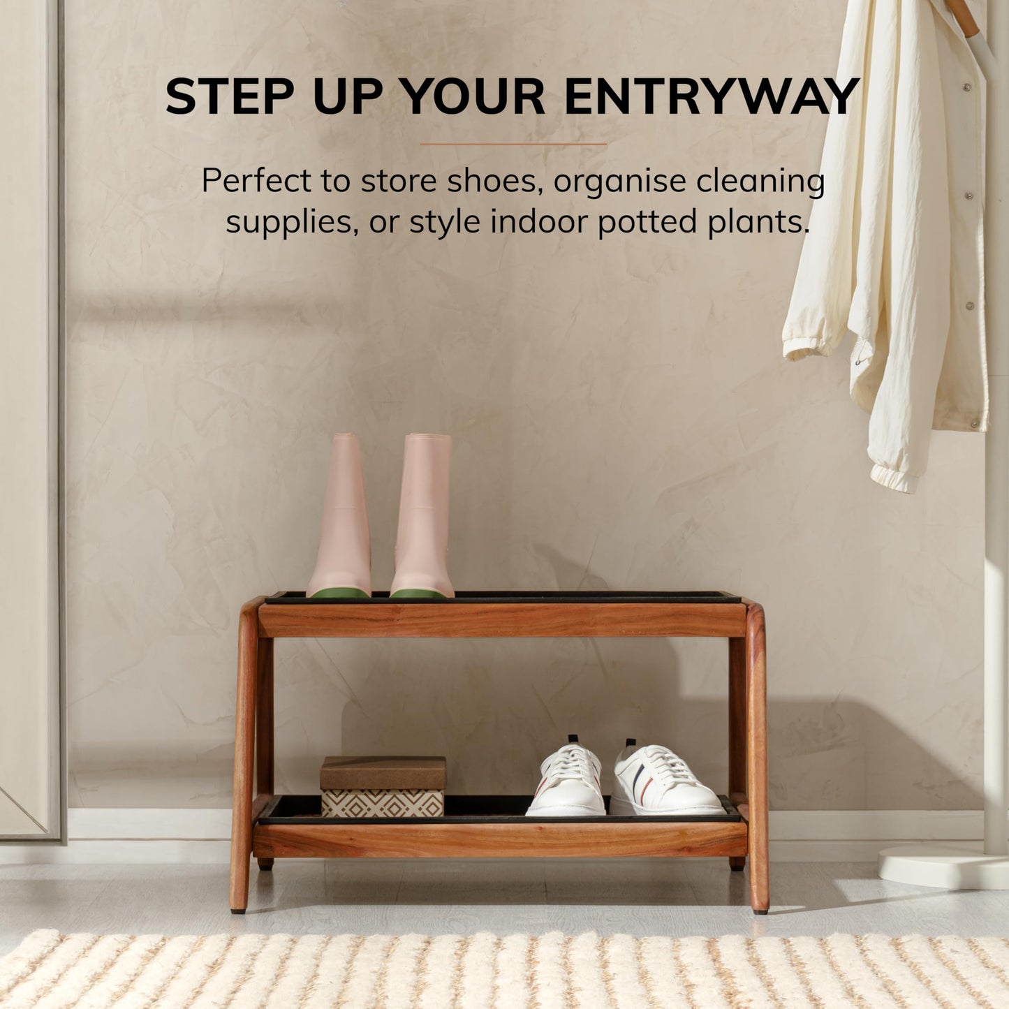 Anji Mountain Heavy Duty Waterproof Wooden Shoe Storage Mat Organizer/Boot Storage Tray Multi Use for Entryway with Coir, Gray and Ivory Insert, 2 Tier, Fits 4 Pair (26.5" Wide)