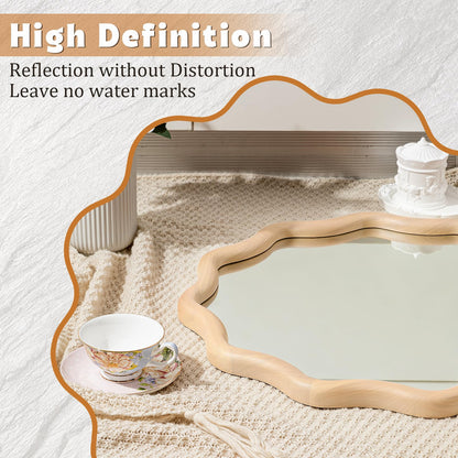 Vercraft 24 Inch Scalloped Wooden Bathroom Round Circle Mirror for Wall, Boho Wavy with Tempered Glass, Natural Frame Hanging for Bedroom, Living Room, Entryway, Farmhouse (Natural Wood Color)