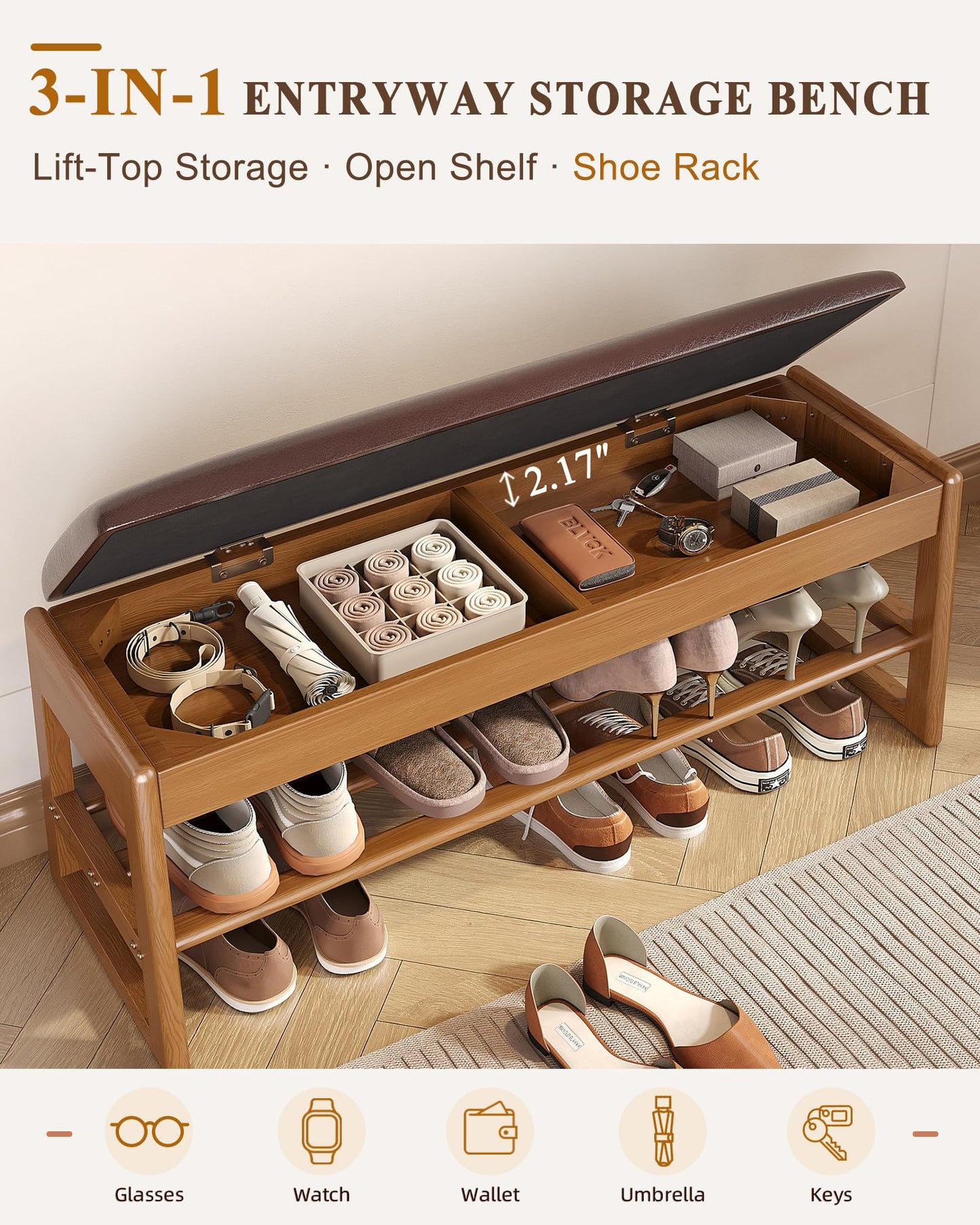 IUNVR Shoe Rack Bench with Hidden Storage, 2-TierSolid Rubberwood Entryway Bench with SoftLeather Cushioned Seat & Flip-Top Storage,330lbs Capacity, Wooden Shoe Organizer forHallway, Closet, Foyerm