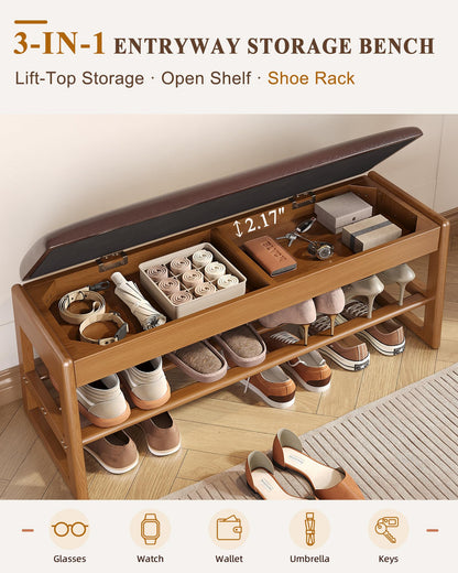 IUNVR Shoe Rack Bench with Hidden Storage, 2-TierSolid Rubberwood Entryway Bench with SoftLeather Cushioned Seat & Flip-Top Storage,330lbs Capacity, Wooden Shoe Organizer forHallway, Closet, Foyerm
