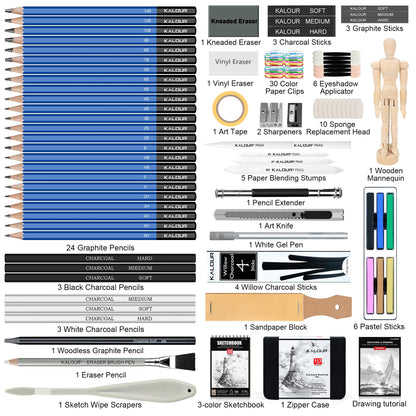 KALOUR 113PCS Drawing Set, Professional Sketching Kit with 3-Color Sketchbook,Graphite & Charcoal Pencils, Wooden Mannequin, Art Tools in Zipper Case, Art Supplies for Beginners & Artists Gift