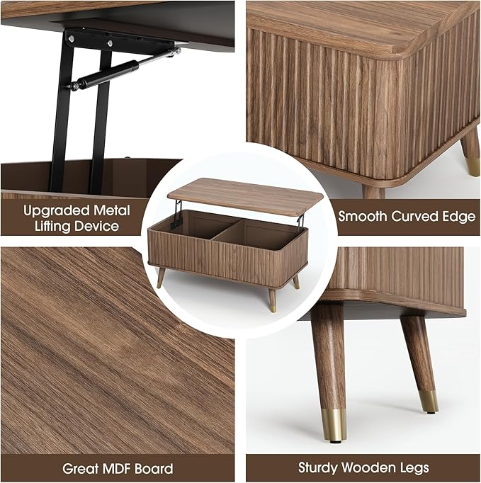 Lift Top Coffee Table with Storage, Mid Century Modern Coffee Table with Solid Wood Legs, 38" Minimalist Fluted Center Table for Living Room, Home Office, Walnut