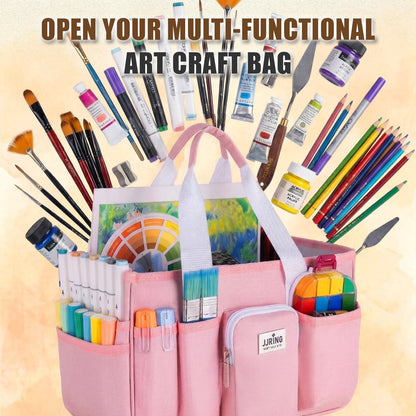 Jjring Craft Organizer Tote Bag, Portable Art Caddy with Adjustable Divider&Secure Zipper Pocket, Large Foldable Storage Tote for Scrapbooking, Sewing, Artist and Home(Pink)