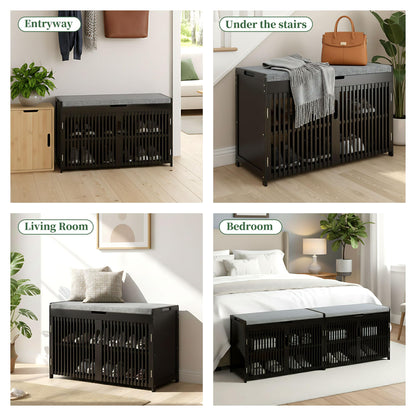 APRTAT Bamboo Shoe Storage Bench with Padded Cushion, 3-Tier Shoe Rack Organizer with 2 Ventilated Grille Doors for Entryway, Bedroom, Bathroom (Black, Large)