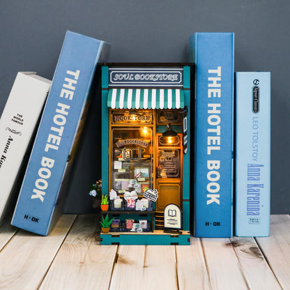 CRIOLPO DIY Book Nook Kit, Miniature House Model, Charming Bookshelf Scene, Wooden Dolls House, Bookshelf Miniature Scenes, for Hobbyists and Decor - Soul Bookstore