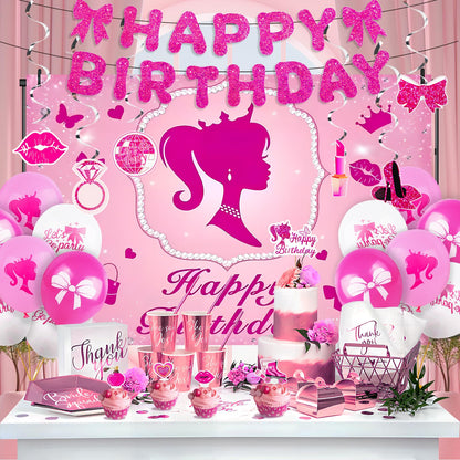 Hot Pink Birthday Party Decorations Supplies, with Pink Glitter Happy Birthday Banner, Backdrop, Balloons, Hanging Swirls, Cake & Cupcake Toppers for Kids, Girls and Women