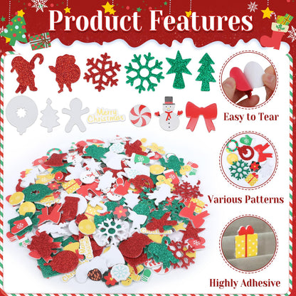 Coopay 300 Pcs Christmas Foam Stickers, Self-Adhesive Glitter Foam Stickers for Crafts, Holiday DIY Adhesive Crafts for Christmas Art Winter Greeting Cards Scrapbooking Home & Party Decoration