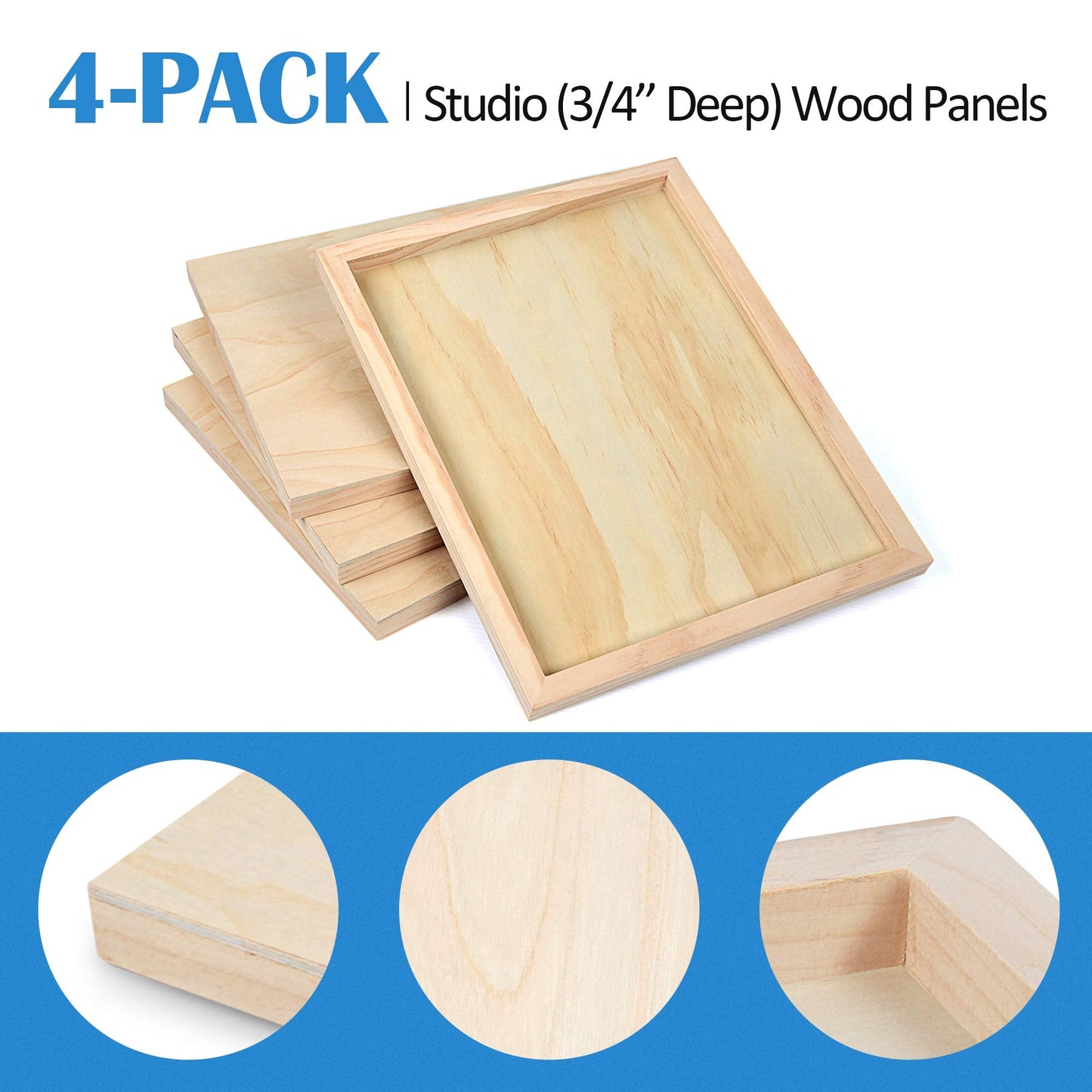 Falling in Art Unfinished Birch Wood Canvas Panels Kit, 4 Pack of 11x14'' Studio 3/4'' Deep Cradle Boards for Pouring Art, Crafts, Painting and More