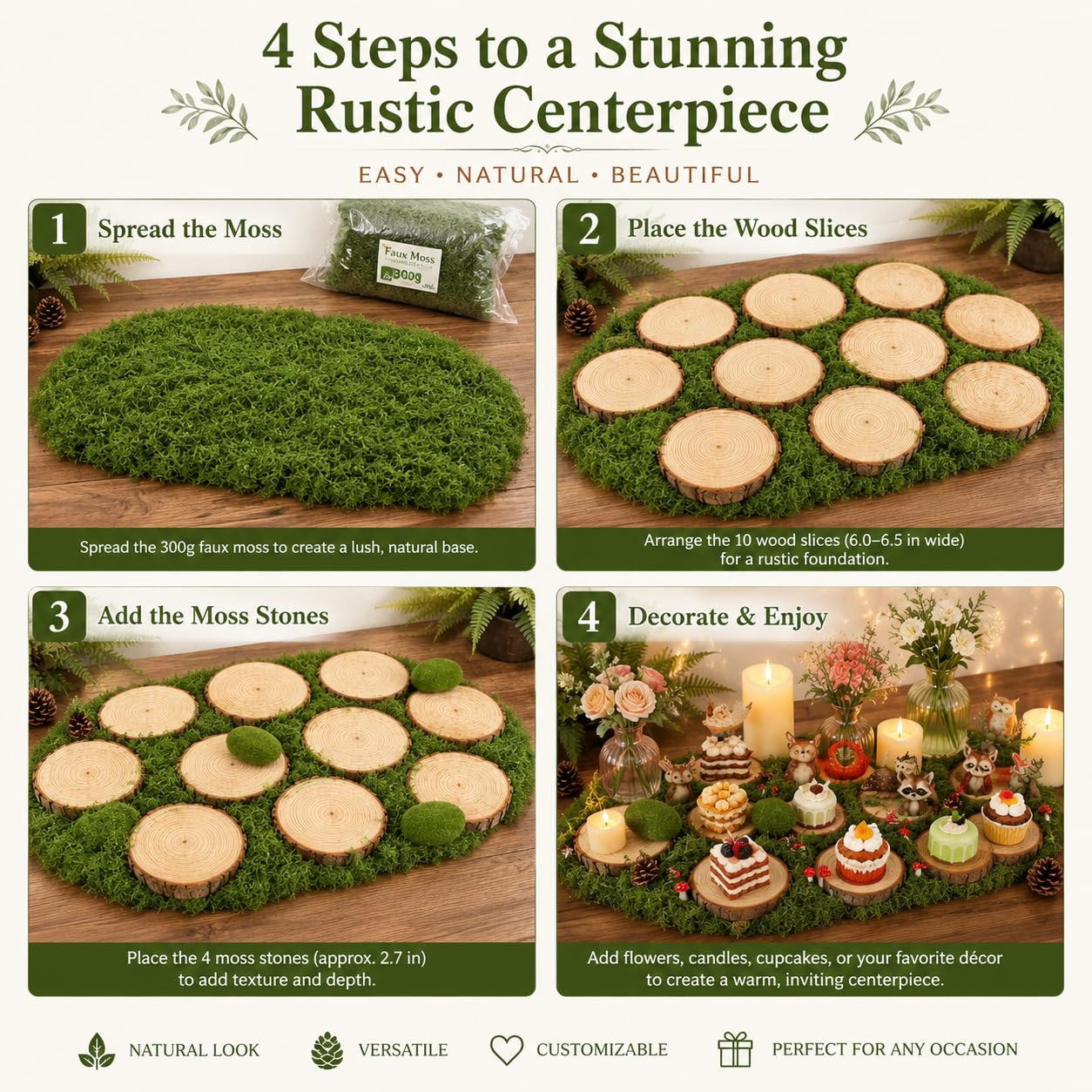 Fbidfoll 10 Wood Slices with Faux Moss, Moss Table Decor Centerpiece Kit