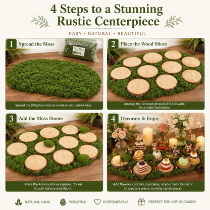 Fbidfoll 10 Wood Slices with Faux Moss, Moss Table Decor Centerpiece Kit