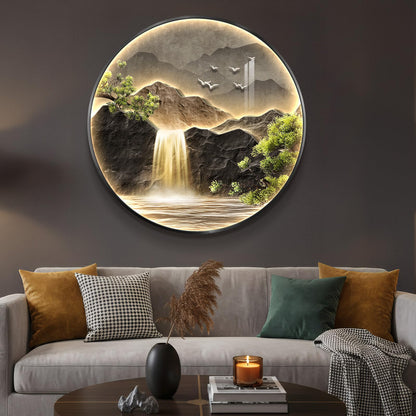 Large LED Mountain Waterfall Wall Art for Living Room, Framed Round Modern Lighted Landscape Picture Artwork for Walls, Backlit Nature Wall Decor for Hallway, Dining Room, Entryway, Office, 30x30 Inch