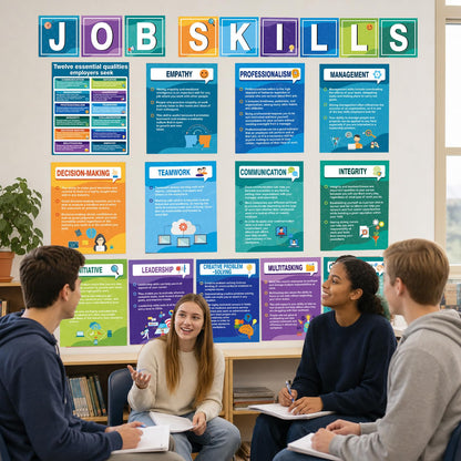 22PCS Job Skills Posters Educational Career Bulletin Board Set High School Classroom Decoration Essential Qualities Employers Seek Posters for Library Workplace Reading Corner Wall Decor, Modern