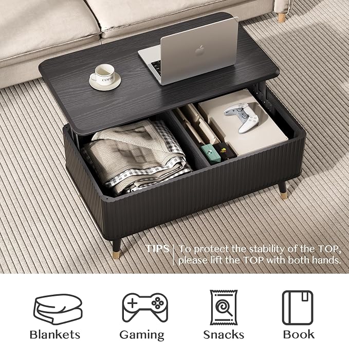 Lift Top Coffee Table with Storage, Modern Coffee Table with Solid Wood Legs, 38" Minimalist Fluted Center Table for Living Room, Home Office, Black