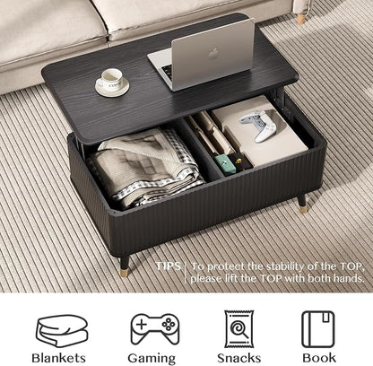 Lift Top Coffee Table with Storage, Modern Coffee Table with Solid Wood Legs, 38" Minimalist Fluted Center Table for Living Room, Home Office, Black