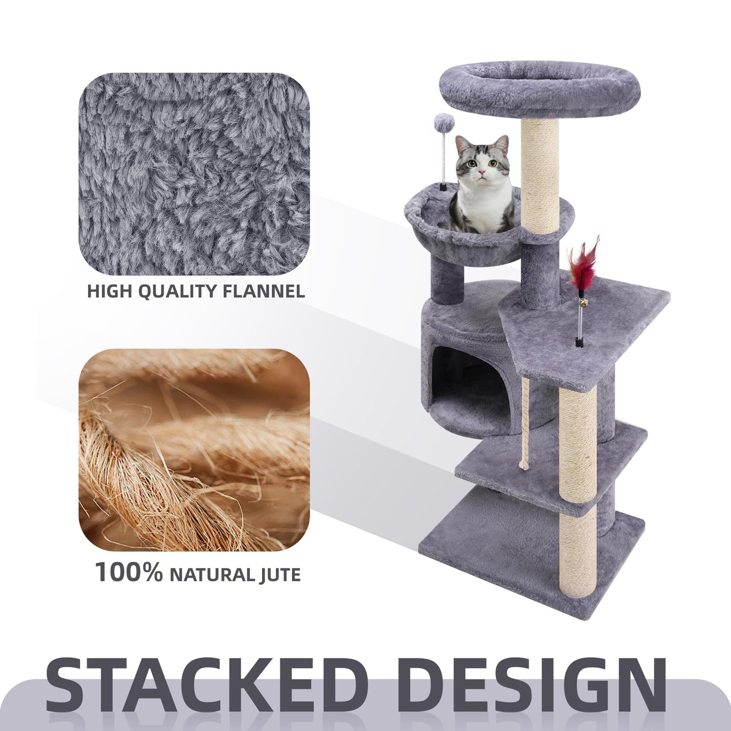 TINWEIUS 42.5'' Cat Tree for Indor Cats, Multifunctional Cat Tower with Cozy Condo, Perches, Scratching Posts and Hammock, Grey…
