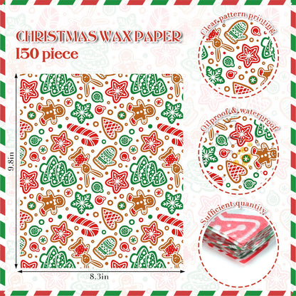 150 Sheets Gingerbread Man Food Wax Paper, 9.8x8.3in Christmas Grease Proof Deli Wrap for Sandwich, Food Grease Resistant for Xmas Home Kitchen