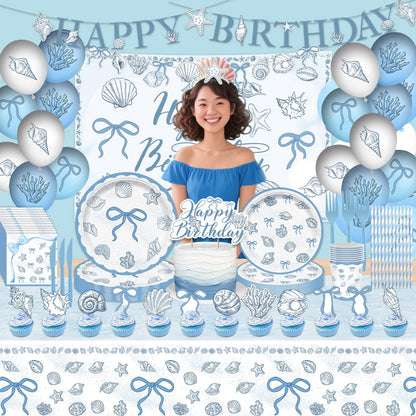 Seashell Birthday Party Decorations Include Balloons-Cake Topper-Cupcake Toppers-Banner-Backdrop-Plates-Beach Tablecloth-Napkins-Cups-Straw and Cutlery for The Summer I Turned Pretty Party Decor