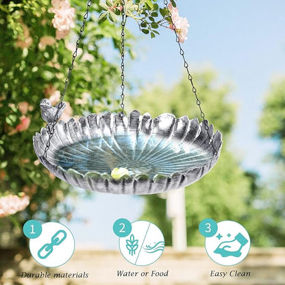 VCUTEKA Hanging Bird Baths for Outdoors, Metal Bird Bath for Outside Birdfeeder for Garden, Patio, Back Yard Decoration, Silver
