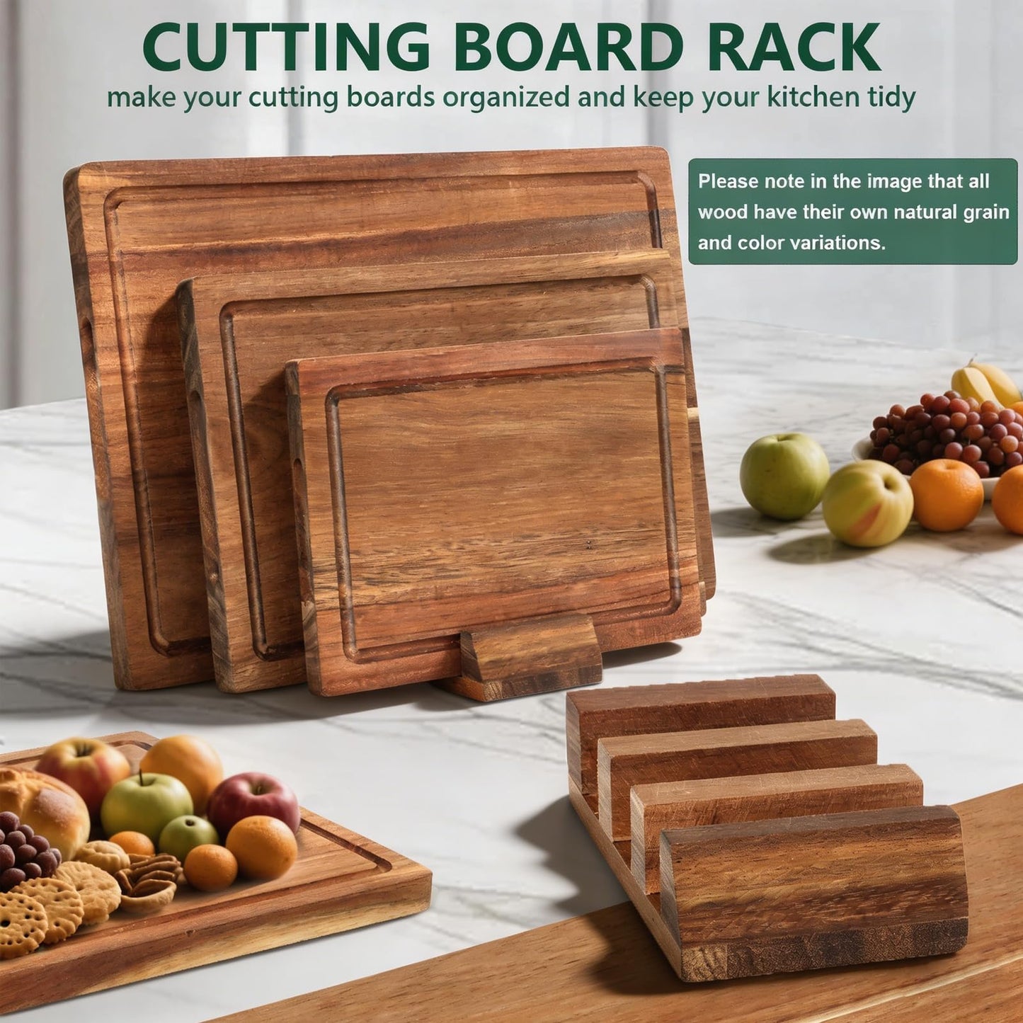 3 PCS Acacia Wood Cutting Boards for Kitchen With Wooden Storage Stand