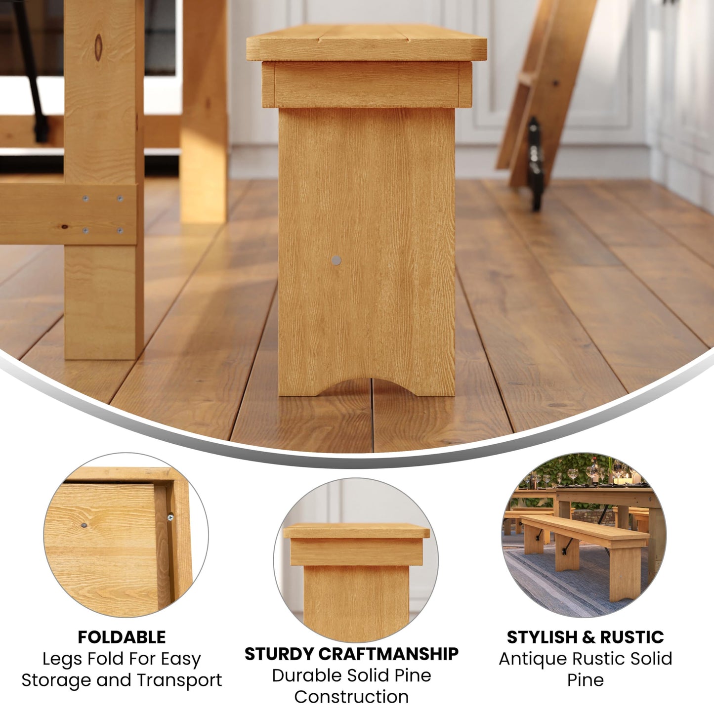 Taylor & Logan Ingles 8' x 12'' Antique Rustic Light Natural Solid Pine Folding Farm Bench with 3 Legs