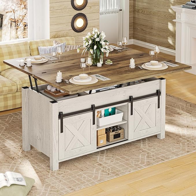 SEDETA Lift Top Coffee Table, 4 in 1 Multi-Function Convertible Coffee Tables with Storage and Hidden Compartment, Farmhouse Coffee Table Converts to Dining Table for Living Room, Brown Top