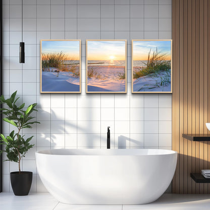 Natural Wood Framed Wall Art - Set Of 3 Piece Framed Art Prints For Living Room, Bedroom, Office Wall Decor - Blue Beach Seascape Paintings Home Decor