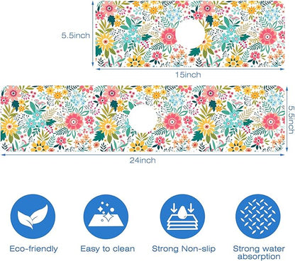Colorful Floral Leaves Berries Kitchen Sink Splash Guard Mat Absorbent Fast