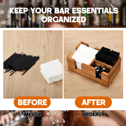 Mifoci 2 Pcs Acacia Bar Caddy with 5 Compartments, Wooden Bar Napkin Holder Organizer Cocktail Straws and Toothpicks Condiments for Home Office Kitchen Countertop(10.6 L x 5.5 W)