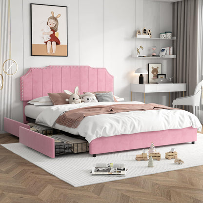 VECELO Full Velvet Upholstered Platform Bed Frame with 4 Rollers Storage Drawers,Full Size Bed with Tufted Height Adjustable Headboard,Wooden Slats/No Box Spring Needed/Easy Assembly