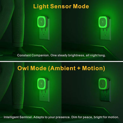 YUNLEX 2 Pack Plug in Night Light with Motion Sensor & Dusk to Dawn Sensor, 3 Sensor Modes, Auto ON/Off, Dimmable Reflected Light, Calming Green LED for Home Office, Hallway, Bathroom