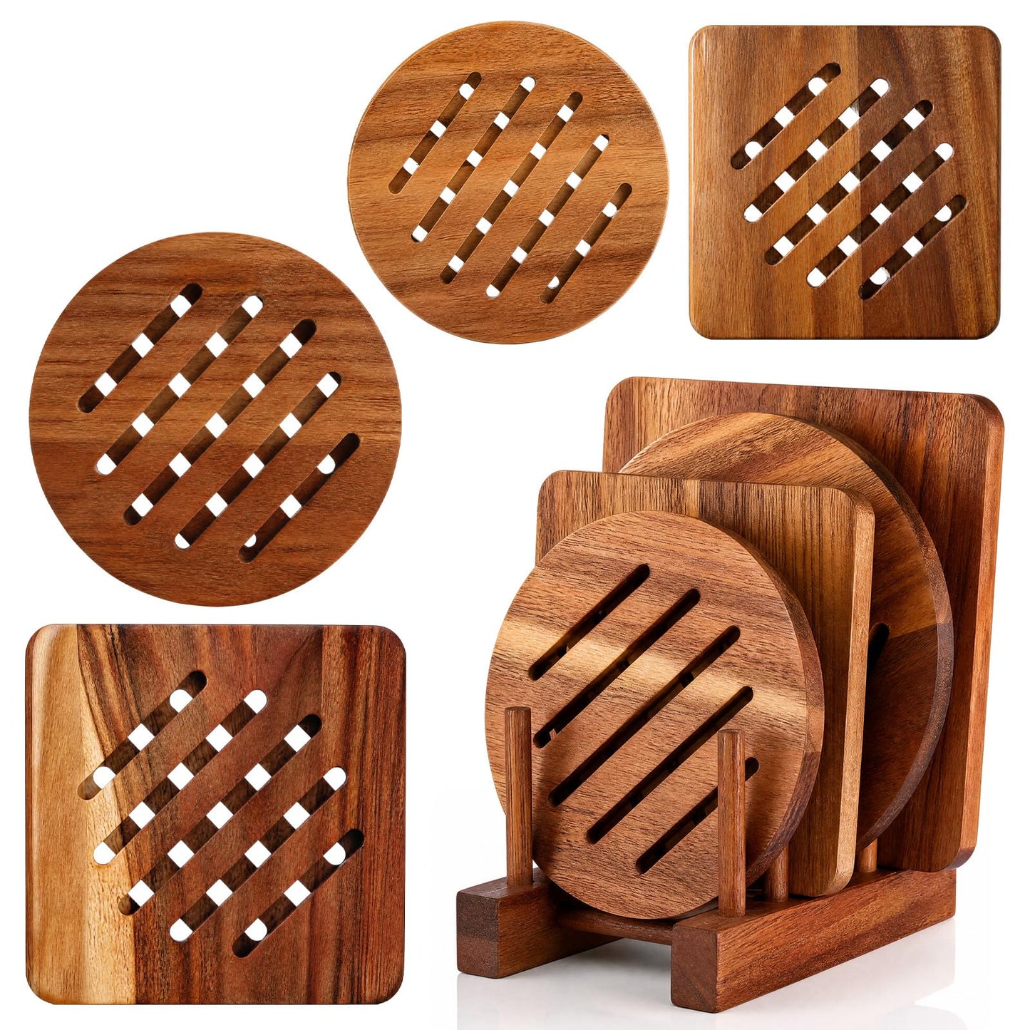Yungyan 5 Pcs Acacia Trivet Mat and Trivet Holder Set 5.8 inch 7 inch Thicken Acacia Wood Hot Pads Trivets Heat Resistant Pads for Hot Dishes Pot Bowl Teapot, 2 Square 2 Round 1 Storage Rack