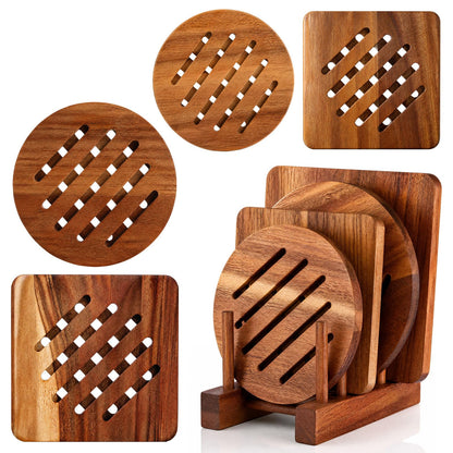 Yungyan 5 Pcs Acacia Trivet Mat and Trivet Holder Set 5.8 inch 7 inch Thicken Acacia Wood Hot Pads Trivets Heat Resistant Pads for Hot Dishes Pot Bowl Teapot, 2 Square 2 Round 1 Storage Rack