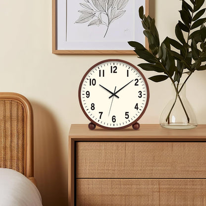 Maxspace Wooden Table Clock,8in Silent Non-Ticking Desk Clock,Battery Operated Desktop Analog Clock for Living Room Bedroom Kitchen Office Classroom Decor (Walnut - Cream Finish)
