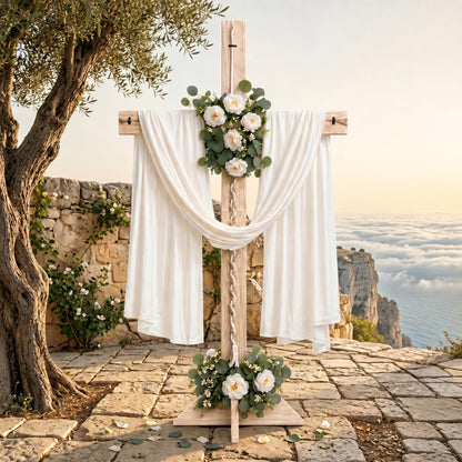 71 Inch Wedding Large Wood Cross, A Cord of Three Strands Wedding Ceremony Sign – White Chiffon Drape, Rose Flower Swags, Large Standing Christian Altar Cross for Outdoor Indoor Ceremony and Reception (White)