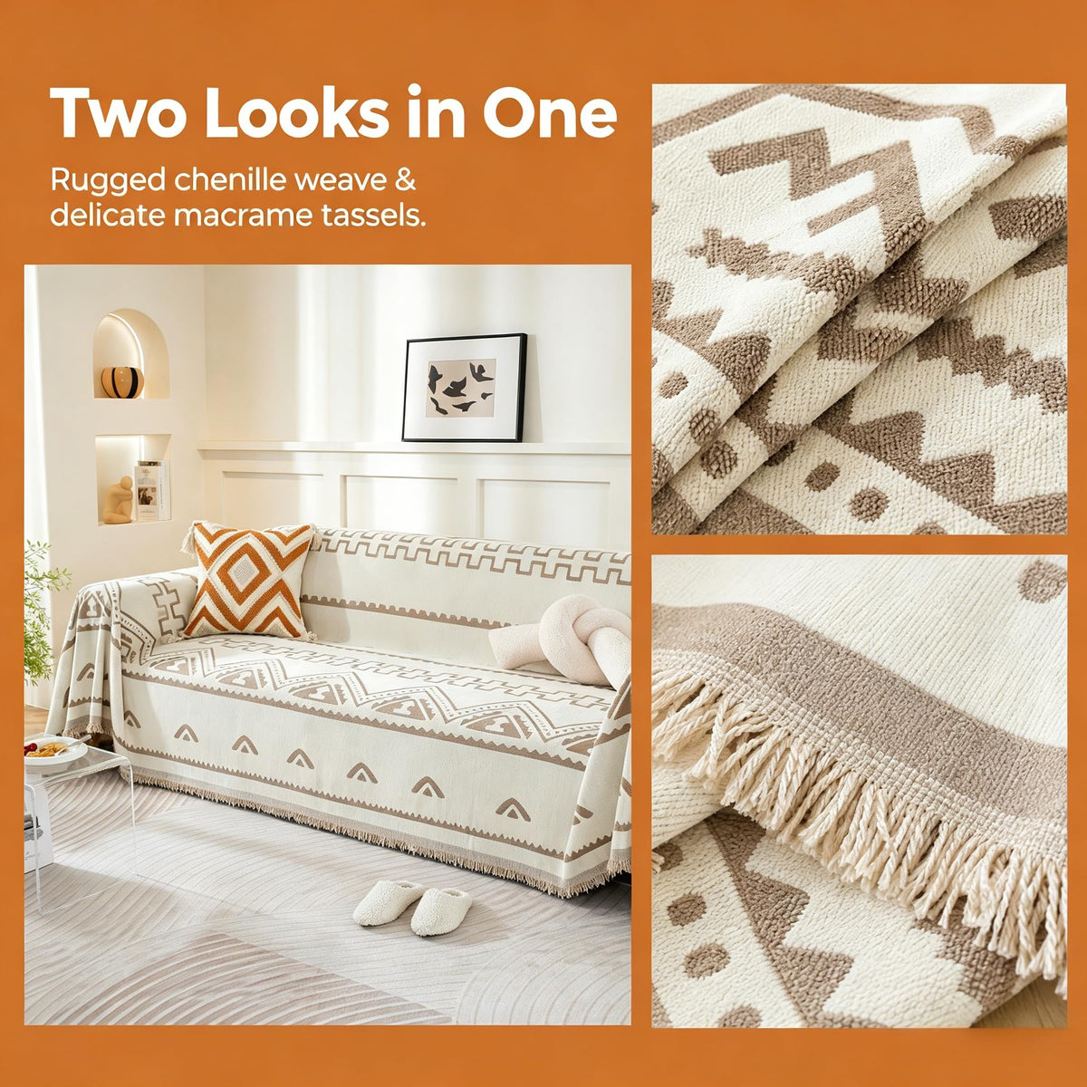 UWWGKK Boho Couch Cover for Dogs, Reversible Chenille Sofa Blanket with Tassels, Heavy Duty Geometric Slipcover for Loveseat, Recliner & L-Shaped Sectional, Beige/Brown, 71"x165"