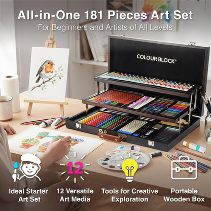 COLOUR BLOCK 181-Piece Mixed Media Art Set in Wooden Case for Drawing Sketching Painting, Soft Oil Pastels, Acrylic Watercolor Paints, Pencils, Art Supplies Kit for Artists, Professional, Adults, Beginner