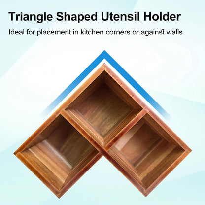 ZUJJAFY Utensil Holder, Corner Utensil Holder for Kitchen Counter, Acacia Wood Kitchen Utensil Holder for Countertop with 3 Compartments, Wooden Cooking Utensil Organizer for Spatula Storage