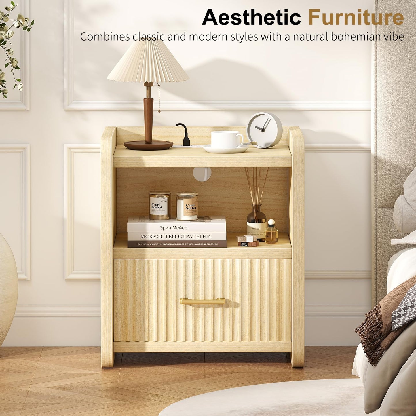 Curlaky Night Stand with Charger Station - Modern Wood Nightstand with Drawer Storage, Fluted Wide Nightstands Bedside Table, Mid Century Night Stands for Bedroom Home Office Sofa, Natural