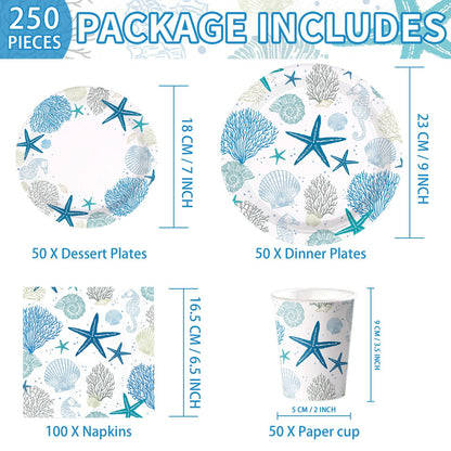 Greencian 250Pcs Ocean Coastal Party Decorations Blue Seashell Starfish Coral Plates Napkins Cups Beach Ocean Sea Tableware Set for Summer Beach Holiday Birthday Dinner Party Supplies Serves 50