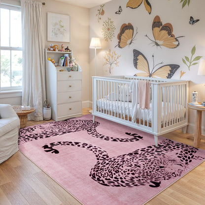 OJIA Leopard Print 5x7 Area Rugs for Living Room, Soft Washable Rugs for Bedroom Ultra-Thin Non-Slip Moden Pink Rug, Stain Resistant Nursery Rug Carpet for Kids Playroom Classroom Dining Room