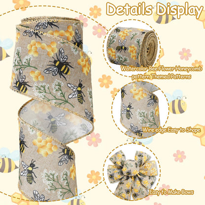 JarThenaAMCS 2 Rolls Bee Wired Edge Ribbons Craft Ribbon 2.5 in 20 Yards Bumble Bee Honeycomb Fabric Wrapping Ribbon for Bow Wreath Summer Party Home Decor