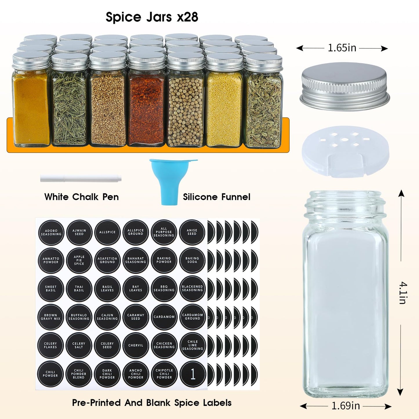 Spice Rack Organizer with 28 Spice Jars, Black Lids，Spice Labels, Chalk pen and Funnel Set for Cabinet, Countertop, Pantry, Cupboard or Wall Mount