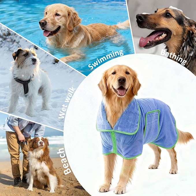 Soft Dog Bathrobe Fast Drying Dog Coat, Super Absorbent Dog Towels for After Bath, Microfiber Pet Robe Adjustable Collar & Belly Warm Keeping Dogs Coat for Pet Dogs & Cats (Blue, X-Large)