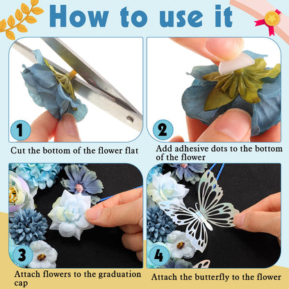 Canlierr 32 Pcs DIY Graduation Cap Decorations Accessory Kit Include Faux Flower Heads 3D Butterfly Grad Cap Decorations(Blue Tone)