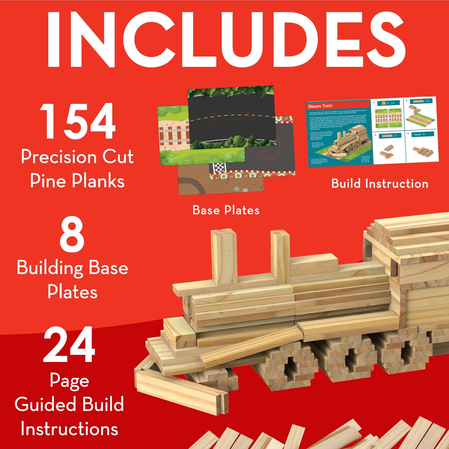 MindWare KEVA Models Vehicles - 154 Wooden Building Planks & Step-by-Step Instructions to Build Iconic Vehicles