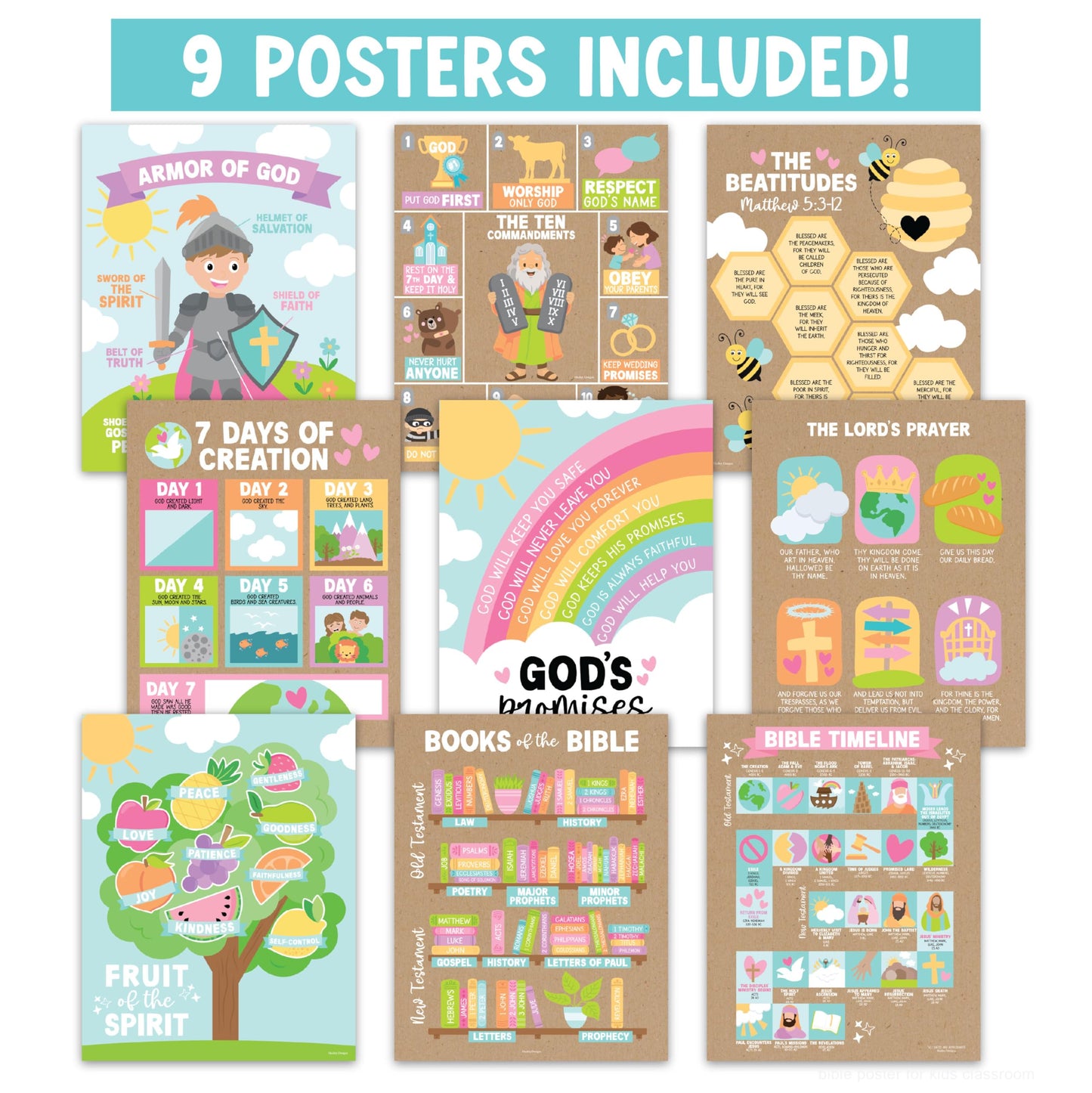 Hadley Designs Sunday School Decorations for Classroom –9 Bible Posters for Kids, Books of the Bible, 10 Commandments, Bible Timeline Chart, Fruits of the Spirit, Kraft Christian Classroom Decor