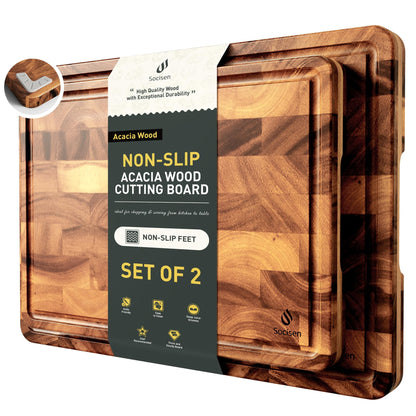 End Grain Cutting Board Set of 2 with Non-slip Feet, Reversible Acacia Wood Cutting Boards for Kitchen with Juice Grooves and Handles Non Toxic Chopping Board Butcher Block Serving Tray Kitchen Gift